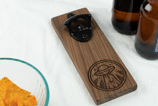 Alien Abduction Magnetic Bottle Opener on Walnut