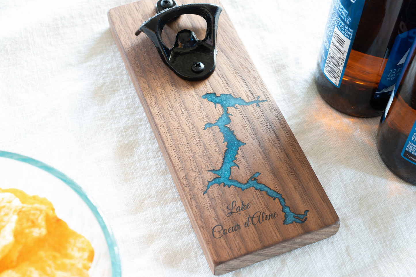 CDA Lake Bottle Opener on Walnut