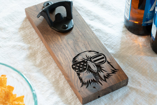 Eagle with American Flag Glasses Bottle Opener on Walnut