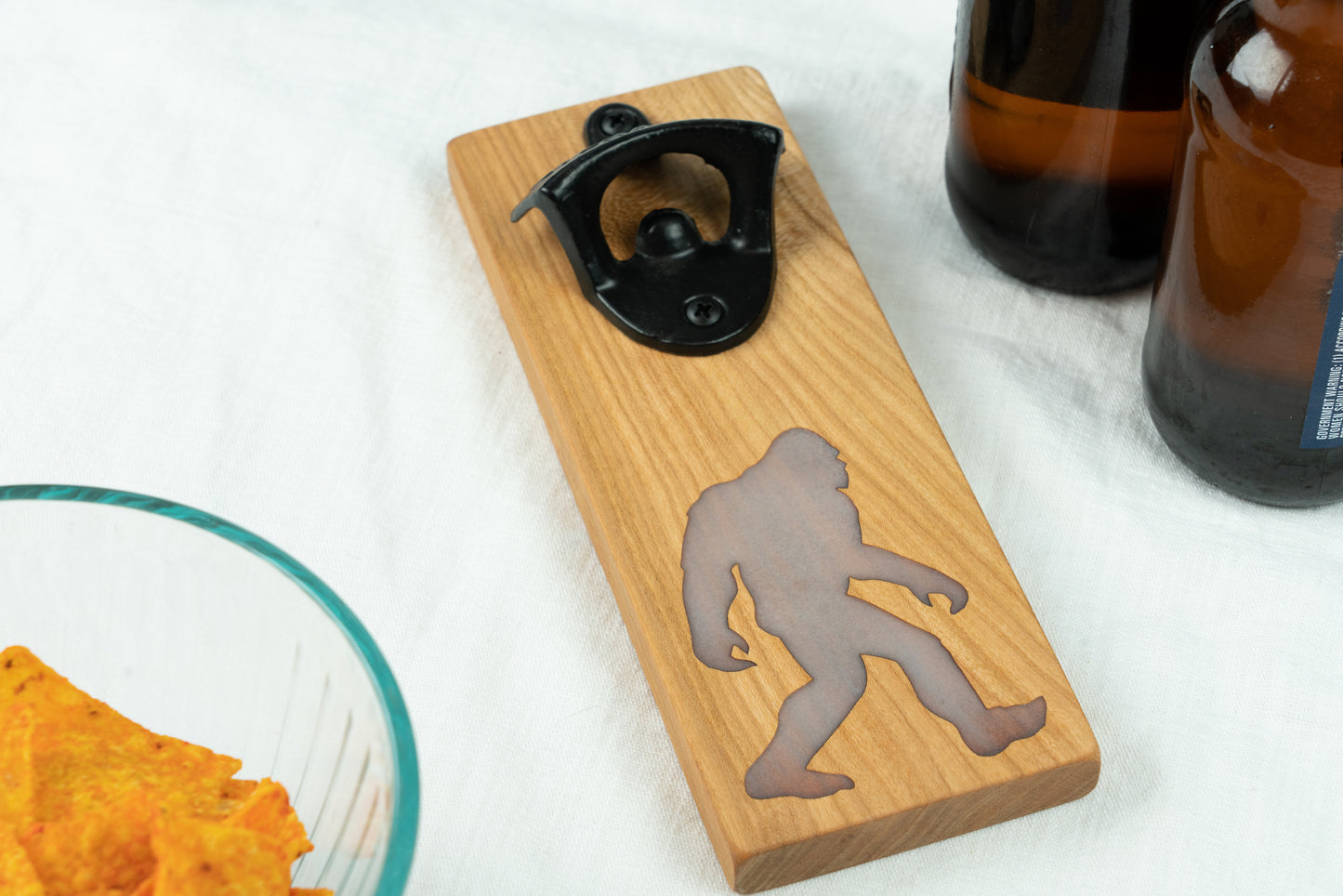 Glow in the Dark Walking Bigfoot Bottle Opener on Cherry