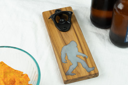 Teak Magnetic Bottle Opener with Glow in the Dark Bigfoot