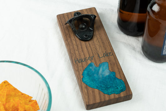 Hauser Lake Bottle Opener on Walnut