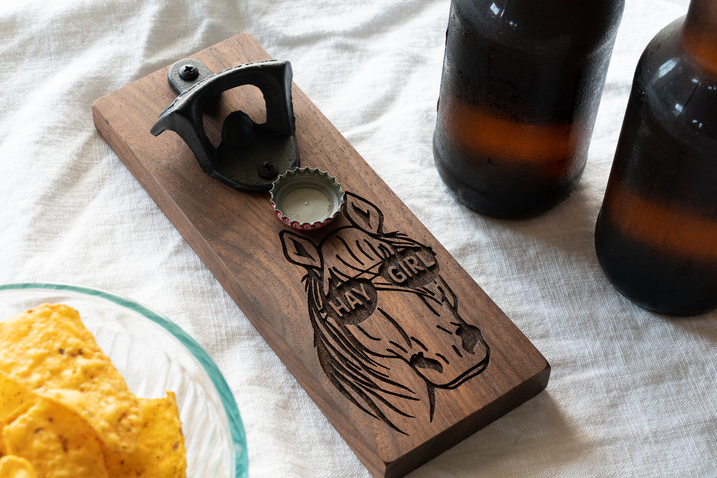 Horse Bottle Opener, engraved "Hay Girl" on walnut magnetic bottle opener.