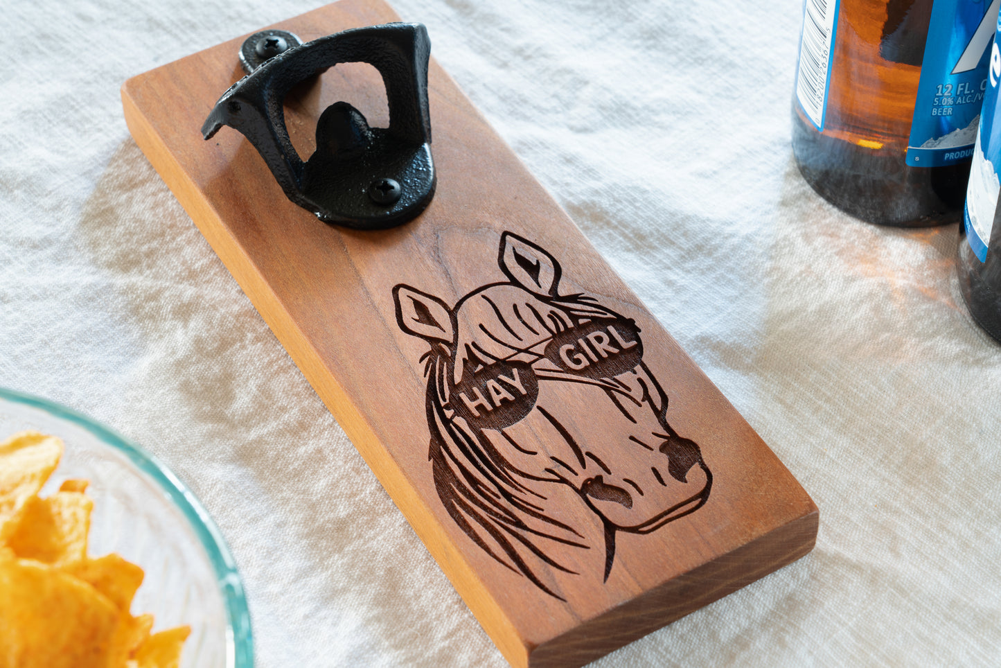 "Hay Girl" Magnetic Bottle Opener on Cherry.