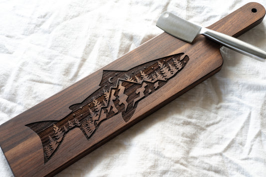 Trout Charcuterie Board Engraved on Walnut