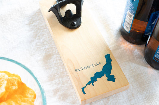 Sacheen Lake Bottle Opener on Maple