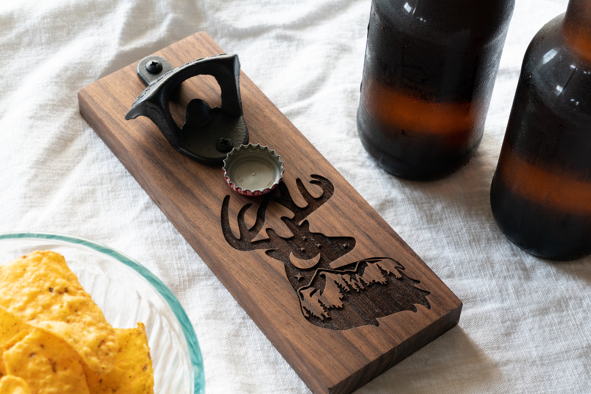 Walnut Bottle Opener with Deer