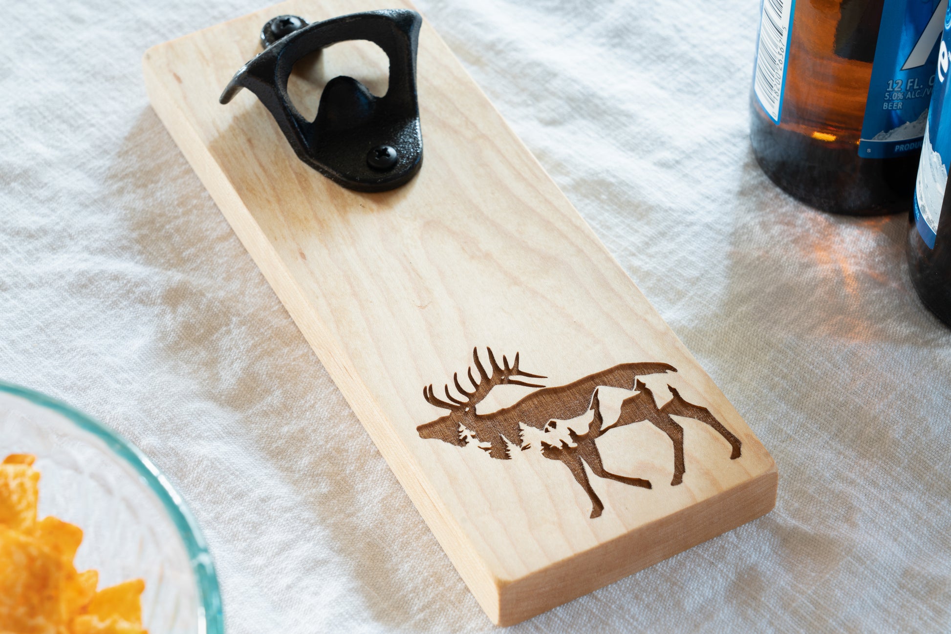 Magnetic Bottle Opener with Elk on Maple