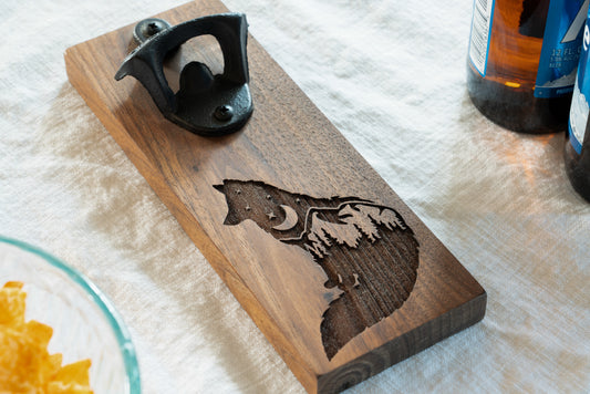 Magnetic Bottle Opener with Fox Engraving on Walnut