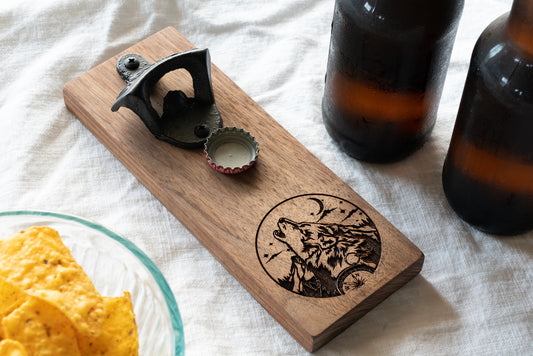 Howling Wolf Bottle Opener on Walnut. Magnetic Wolf Bottle Opener.