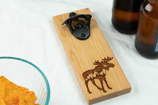 Engraved Moose Magnetic Bottle Opener on Cherry