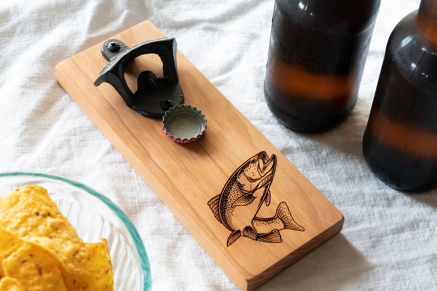 Fishing Bottle Opener on Cherry with Engraved Trout