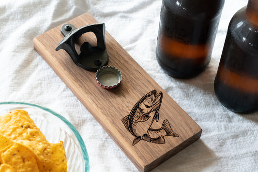 Walnut Trout Bottle Opener with Magnetic Cap Catcher