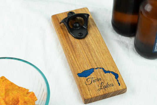 Twin Lakes Bottle Opener on Canary Wood