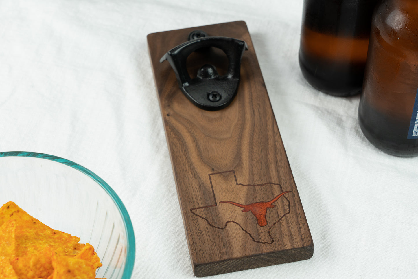 University of Texas Magnetic Bottle Opener on Walnut
