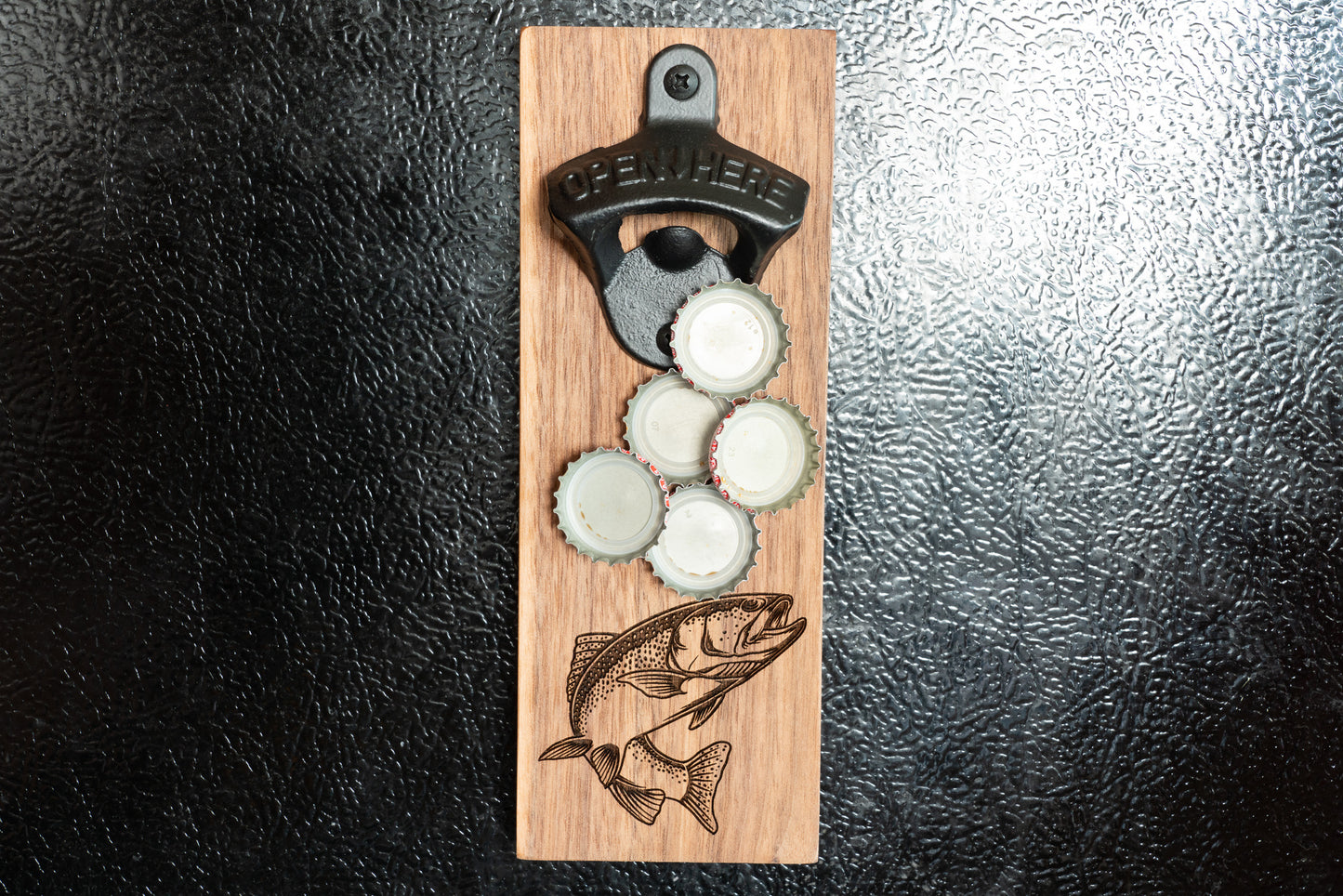 Magnetic Bottle Opener - Fishing Themed on Walnut