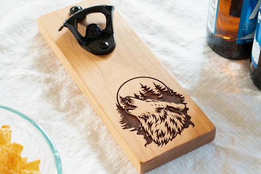 Howling Wolf Magnetic Bottle Opener on Cherry