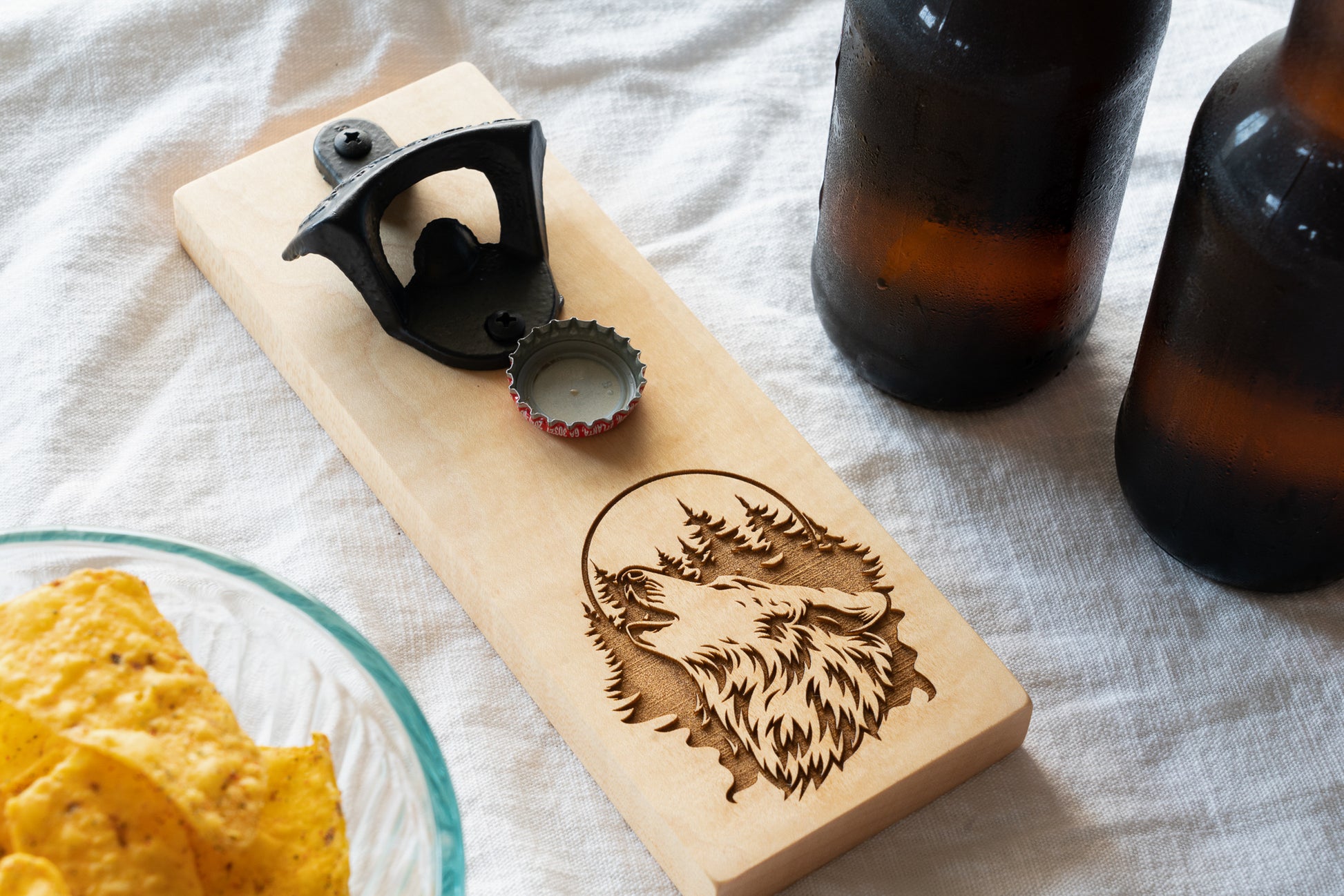 Wolf with Trees Bottle Opener on Maple