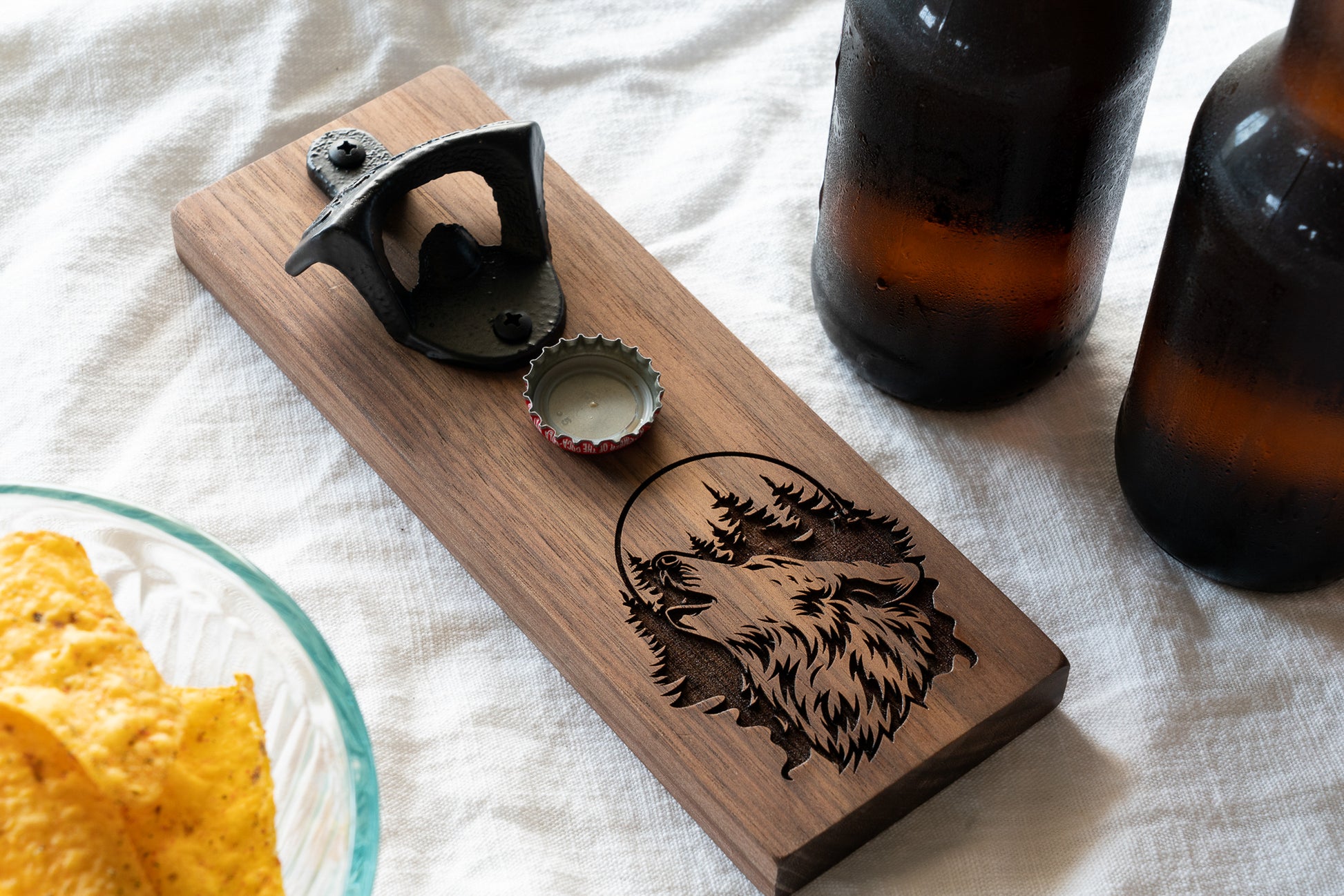 Walnut Magnetic Bottle Opener with Howling Wolf and Trees Engraved