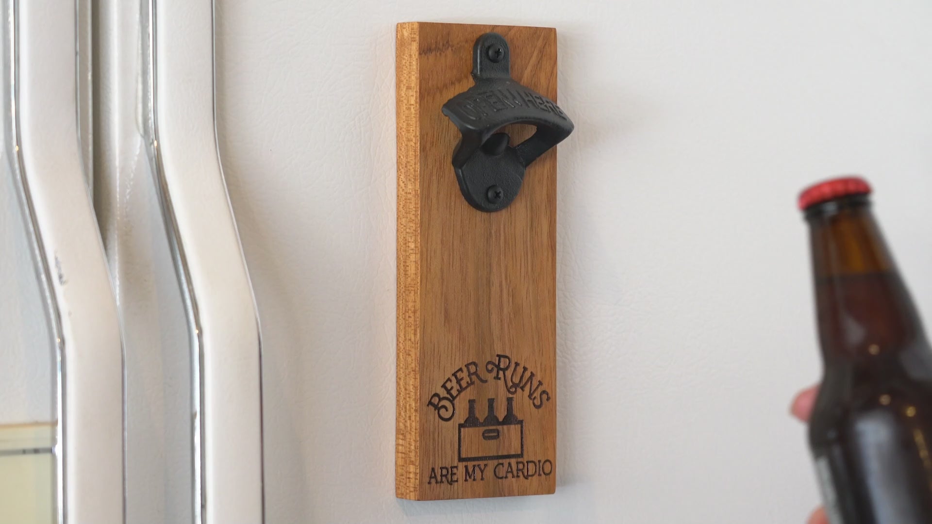Video of magnetic bottle opener cap catcher feature